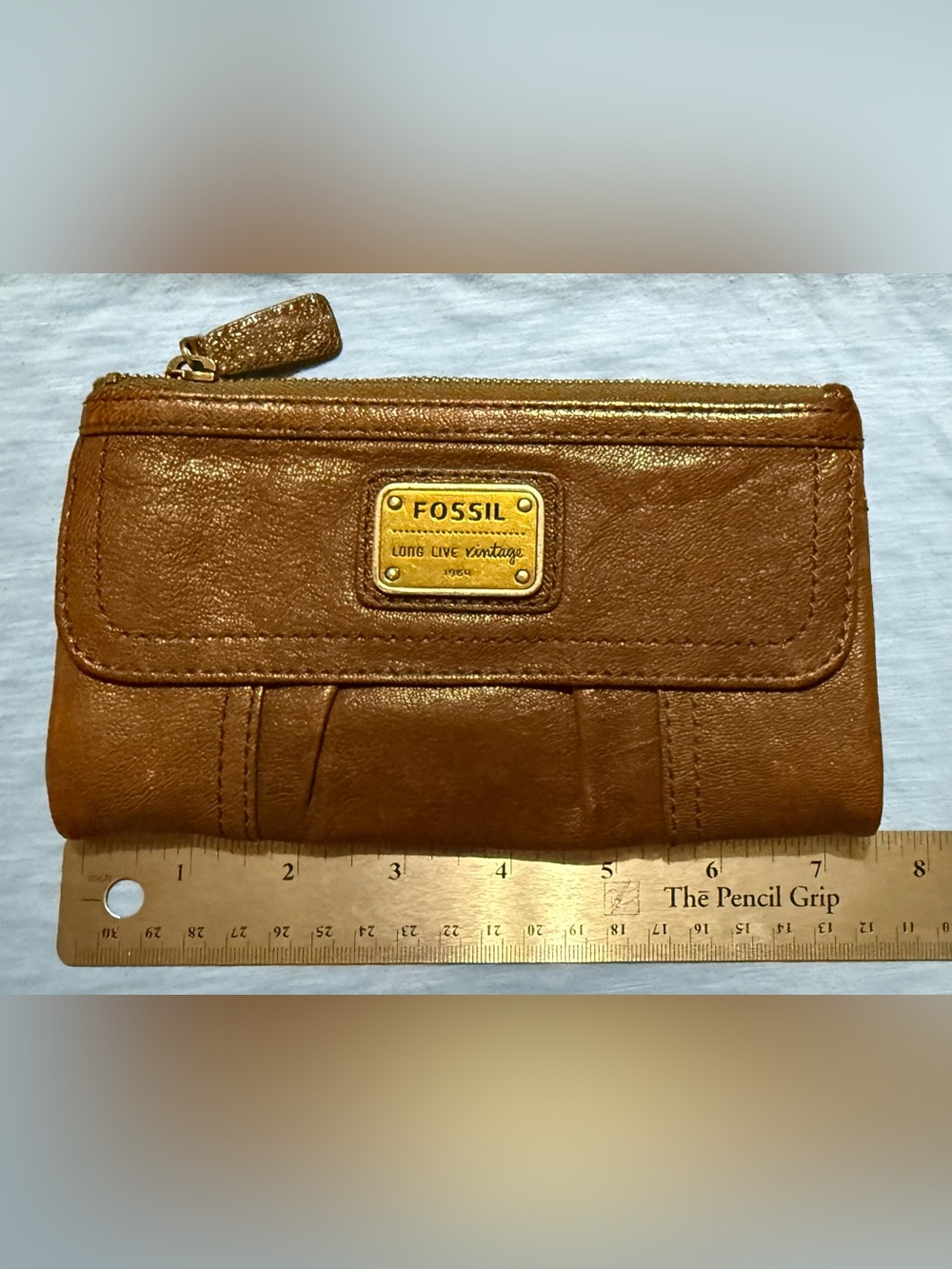 Fossil Tan Leather Zip Clutch Wallet with Gold Logo Plaque